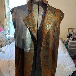 NEW Phillip Lim Vest Brown Metallic Green Size 2 Small lamb leather